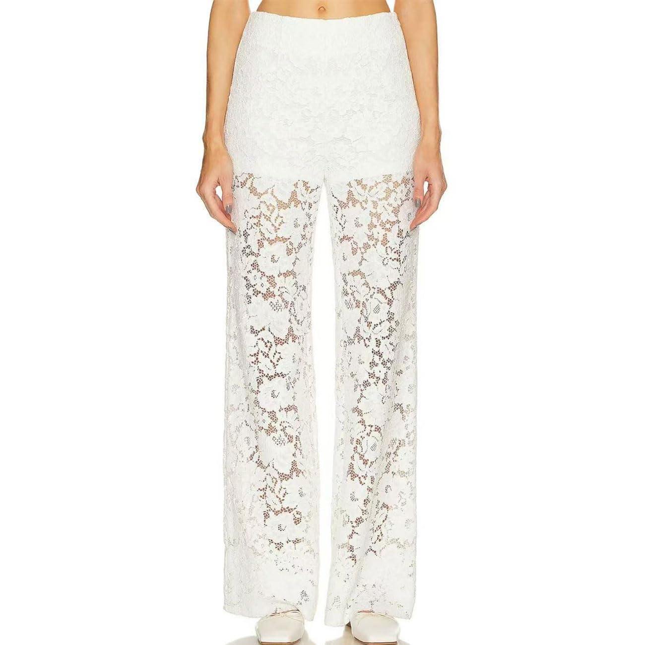 Donna Y2K Pantaloni Trasparenti Ricamati con Vita Alta e Gamba Dritta Elastico in Vita Pantaloni Mesh Street Rave per Discoteca, Clubbing, Festa, Bianco, L