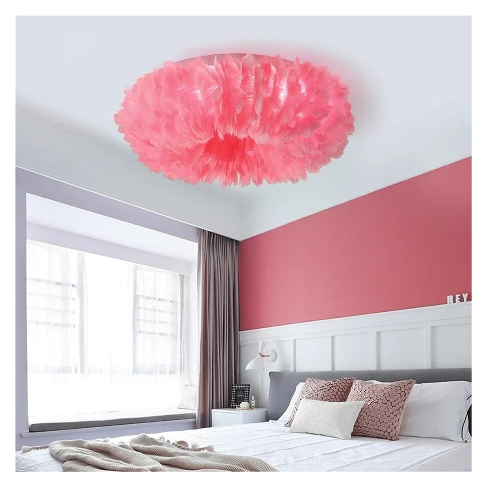 Lámpara de techo LED de pluma nórdica blanca/rosa/gris/amarilla, luz de montaje de hierro de sombra tejida a mano for sala de estar de dormitorio de niños