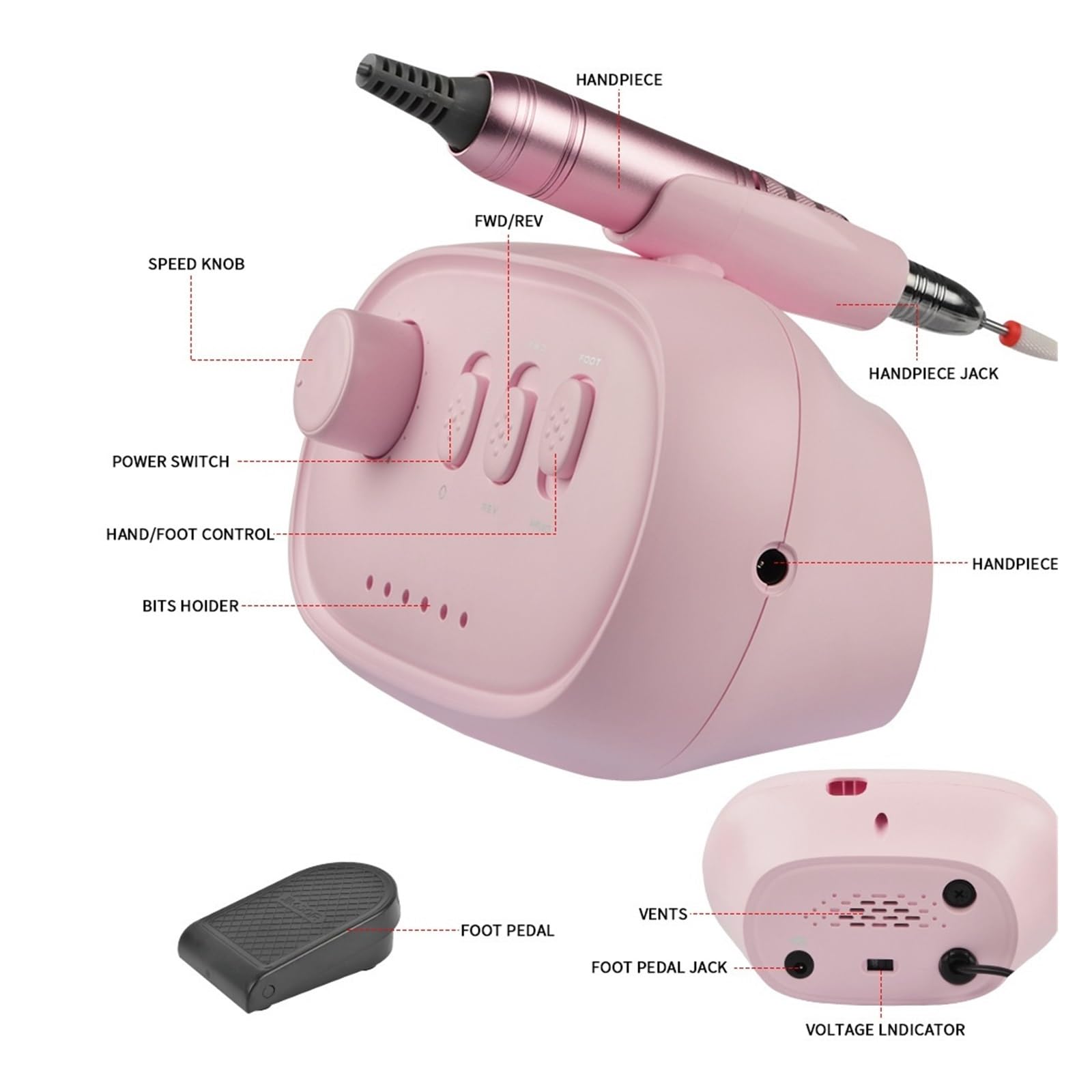 Obcinacz do paznokci, 35000RPM elektryczna wiertarka do paznokci szlifierka do Manicure Pedicure wiertarka do paznokci polerka profesjonalne narzędzie do zdobienia paznokci(Pink)