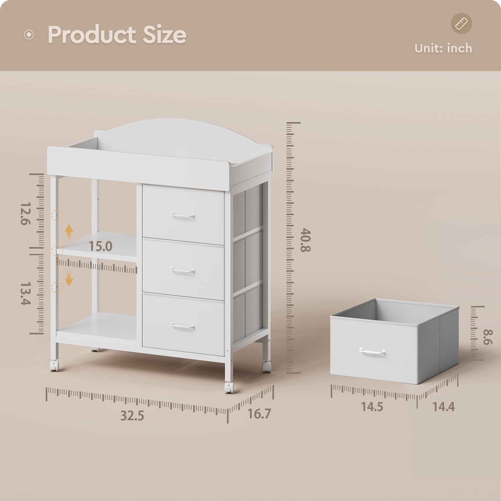 Changing Table Dresser, Baby Dresser with 3 Fabric Drawers and 2 Shelves, Multi-Functional Baby Changing Table with Pad, Classic Nursery Dresser, Diaper Changing Station for Nursery, White