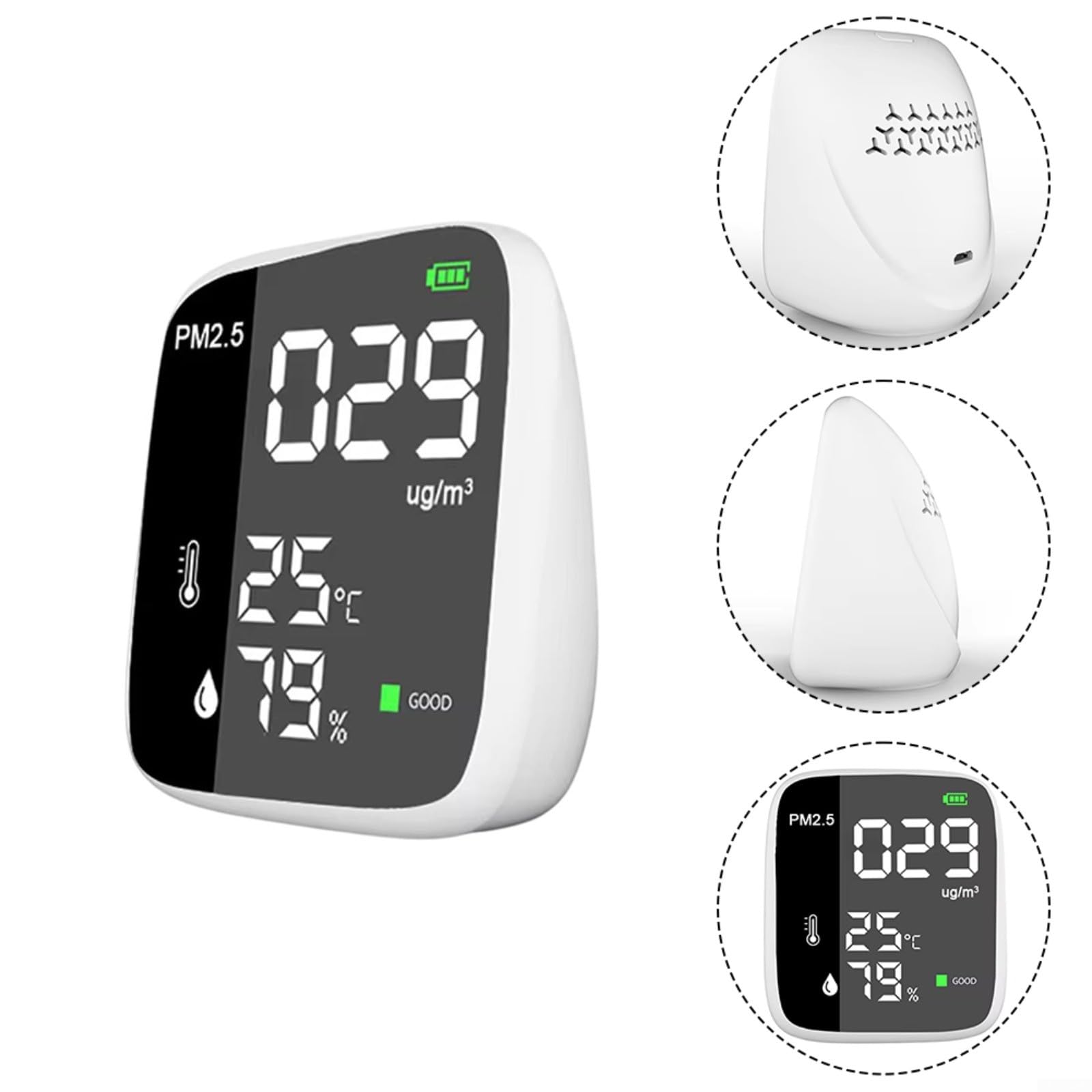 PM2.5 Monitor de calidad del aire con detección en tiempo real de la temperatura y humedad de la materia particulada Indicador visual de carcasa ABS compacta y alarma para seguridad ambiental