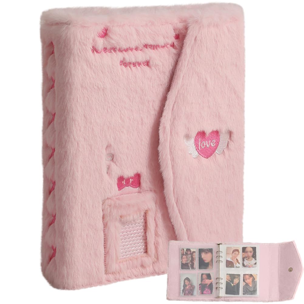 OLizee Plush Kpop Photocard Binder with 30 Pages - Transparent Inner Album & Organizer for Kpop Fans - Pink