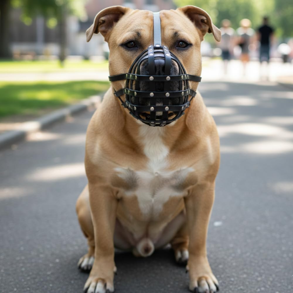 Kaganiec dla psa z prawdziwej skóry dla American Bully, Bully XL i innych podobnych pysków (czarna skóra, AB2)