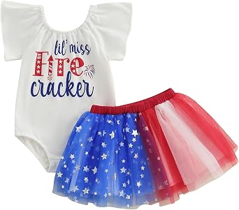 طقم تنورة رومبير تول بأكمام قصيرة من مجموعة Lil Miss Firecracker من GOOCHEER للأطفال الرضع والبنات في الرابع من يوليو باللون الأحمر والأبيض والأزرق