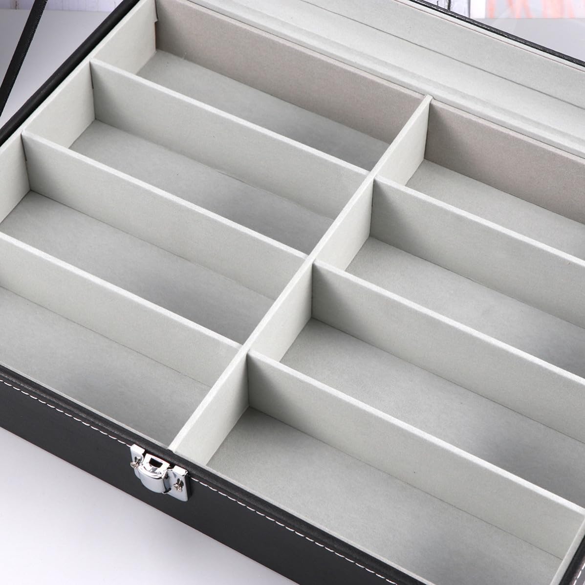 BESPORTBLE Scatola Porta Occhiali da Sole 1 Pz Nero con 8 Scomparti | Pannello in Densità, Pu, Vetro, Flanella e Metallo, Specchio Integrato, per Esposizione e Ordine Domestico