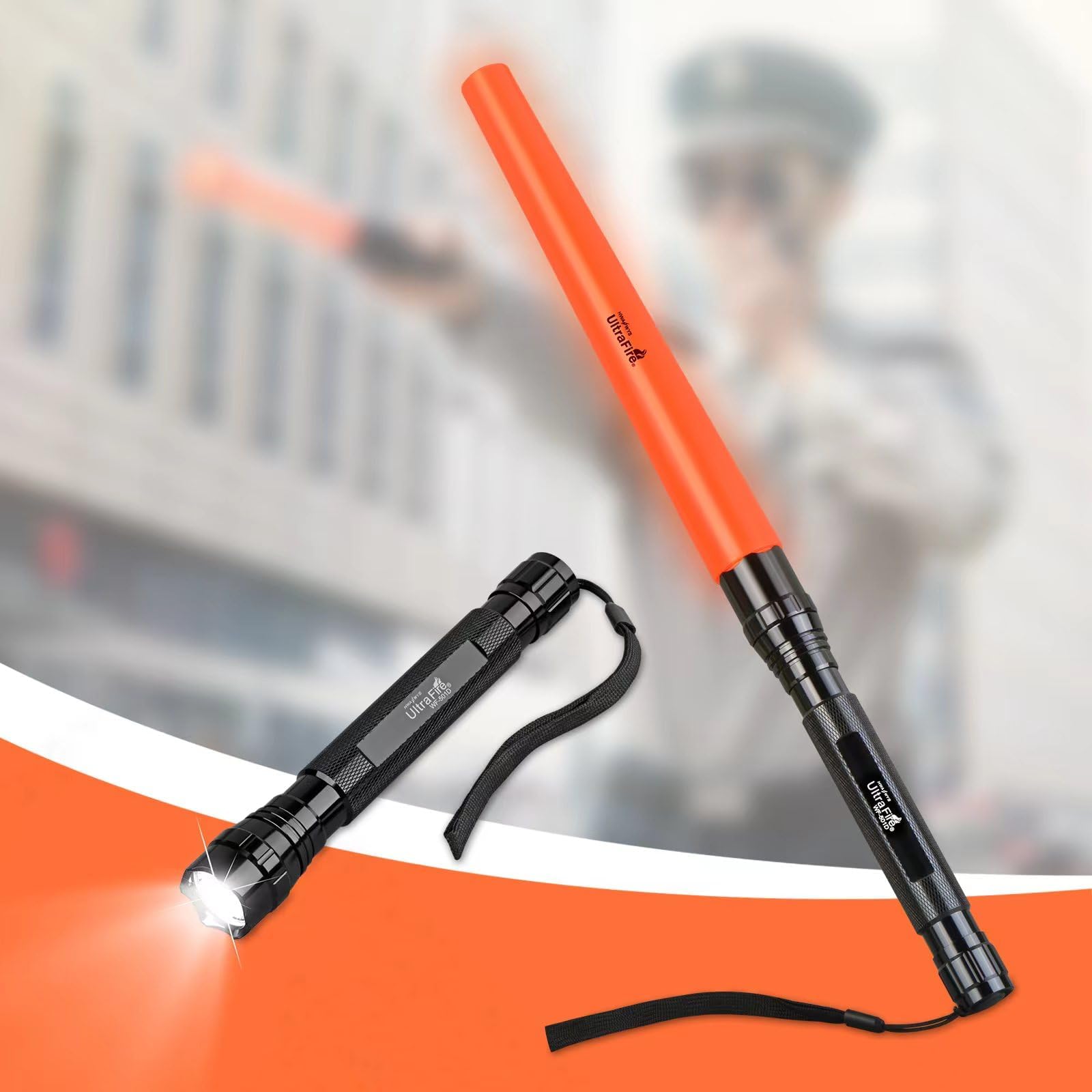 UltraFire 2PCS Verkehrsstab LED Taschenlampe, 18 Zoll Signalstab Taschenlampe, 1300 Lumen 3 Modi mit Rotem Blinkmodus für Verkehrsleittechnik, Feuerwehr, Flughäfen, Notfall, WF-501D