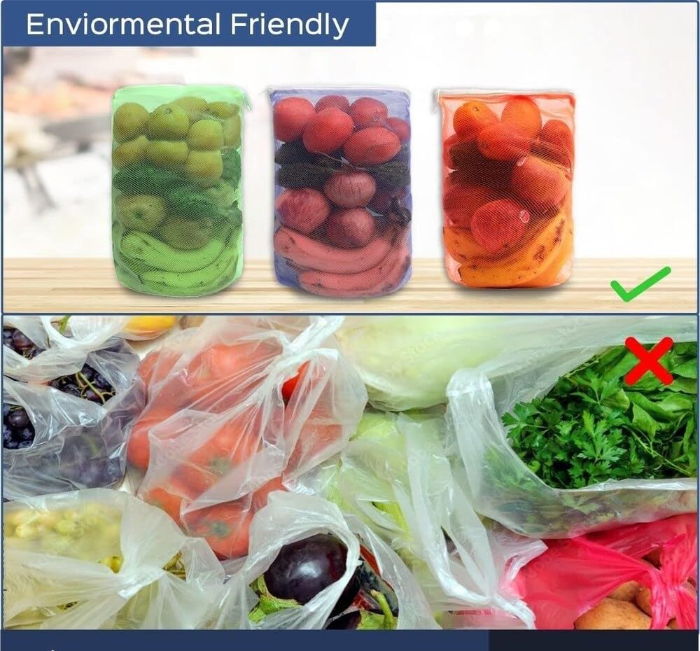 Shibui Vegetable bags for Fridge Storage Net Bag Vegetable and Fruit Reusable Produce Mesh Bags Grocery Shopping & Washable Reusable ziplock Multicolor. (Pack of 10) 2