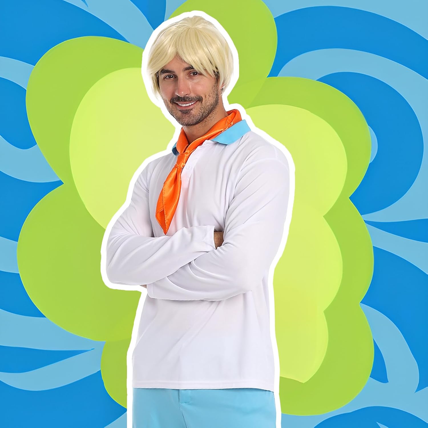 4PCS Men's Fresh Blue Polo Shirt Casual Set With Orange Scarf And Golden Wig for Halloween Themed Parties