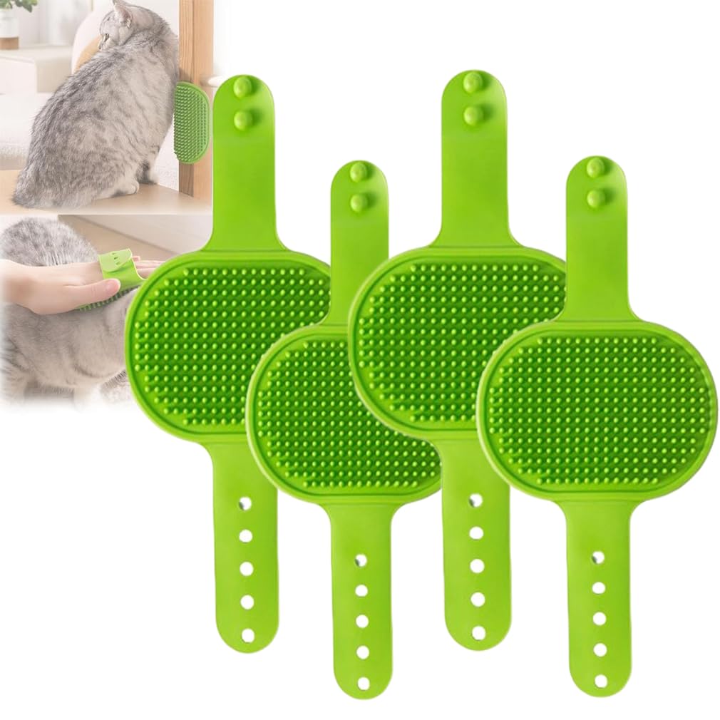 4PCS Silicone Grooming Strap Pad for Cats, Cat Self Groomer Brush, Silicone Cat Scratcher and Massager, Adjustable Pet Scratch Pads, Cats Combs Cat Massager for Furniture Sofa Chair Legs (Green)