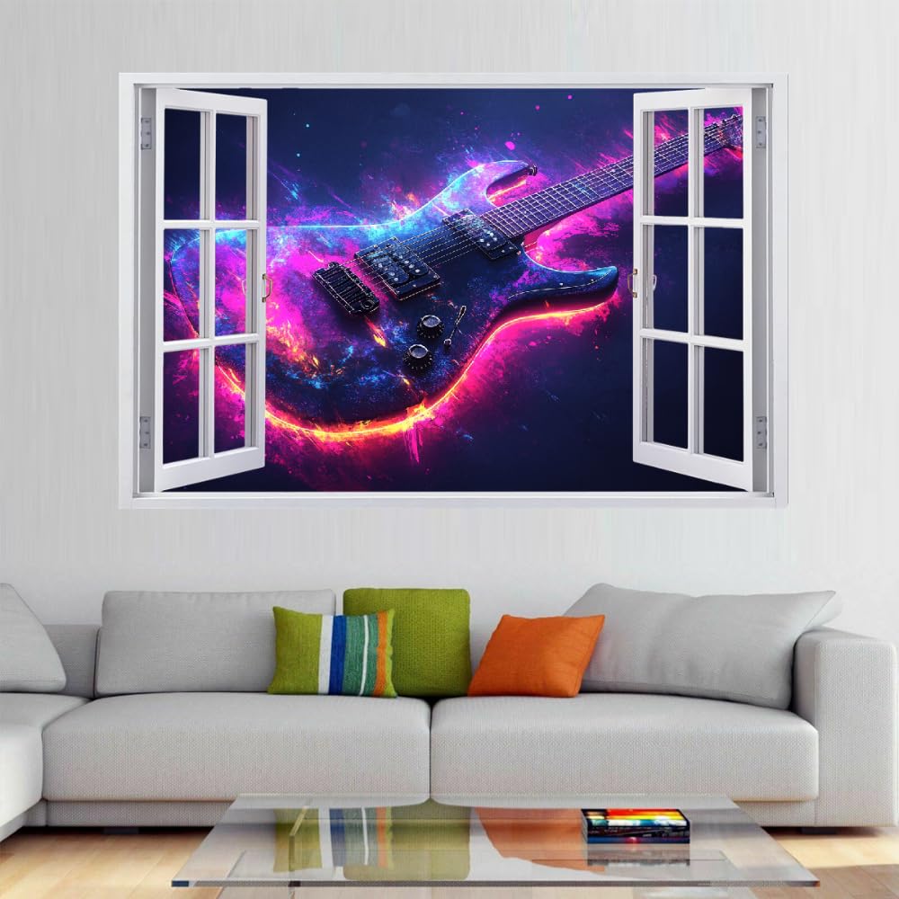 Decalcomanie da muro Art 3D Fracassato Chitarra Adesivi murali removibili Arte Astratta Carta da parati Camera da letto autoadesivo per ragazze Camera da letto Nursery Home Decor Gift