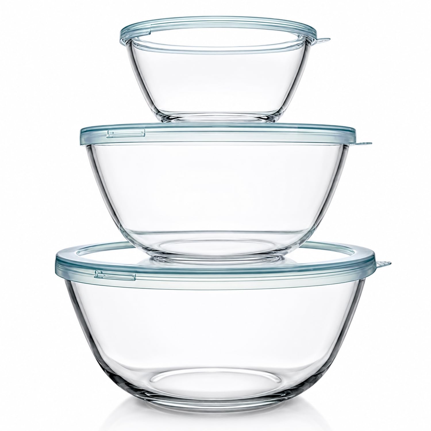 Luvan Glasschüssel mit Deckel 3er-Set (4.2 L,2.5 L,1 L), Große Rund Salatschüsseln für die Küche, ideal zum Aufbewahren von Lebensmitteln, Kochen, Backen, Vorbereiten, Spülmaschinenfest