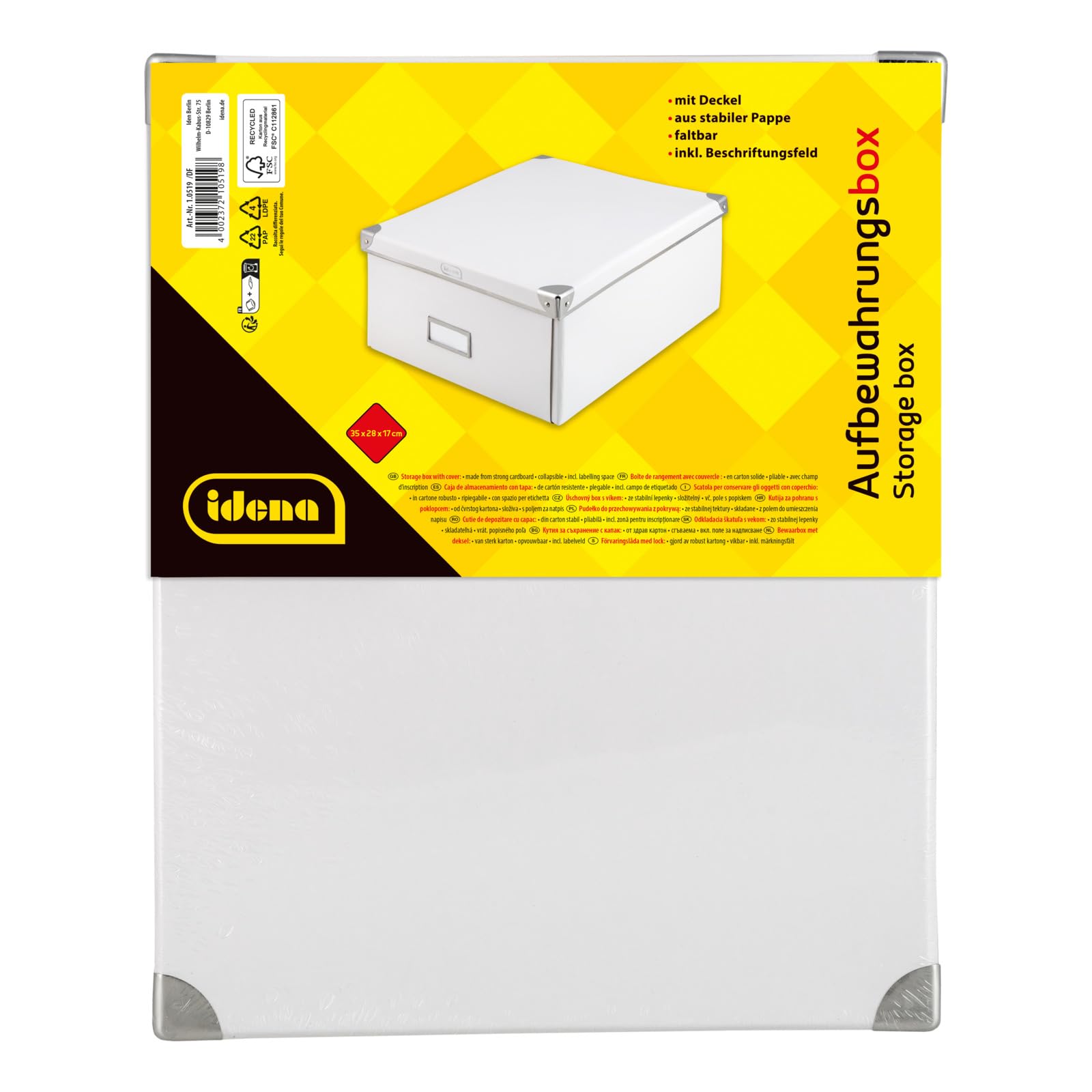 Idena 10520 Storage Box Made Of Solid Cardboard, Lid With Reinforced Metal Edges, All-Purpose Box In Black With Labelling Field, For Order In The Home, Office And Study (‎White