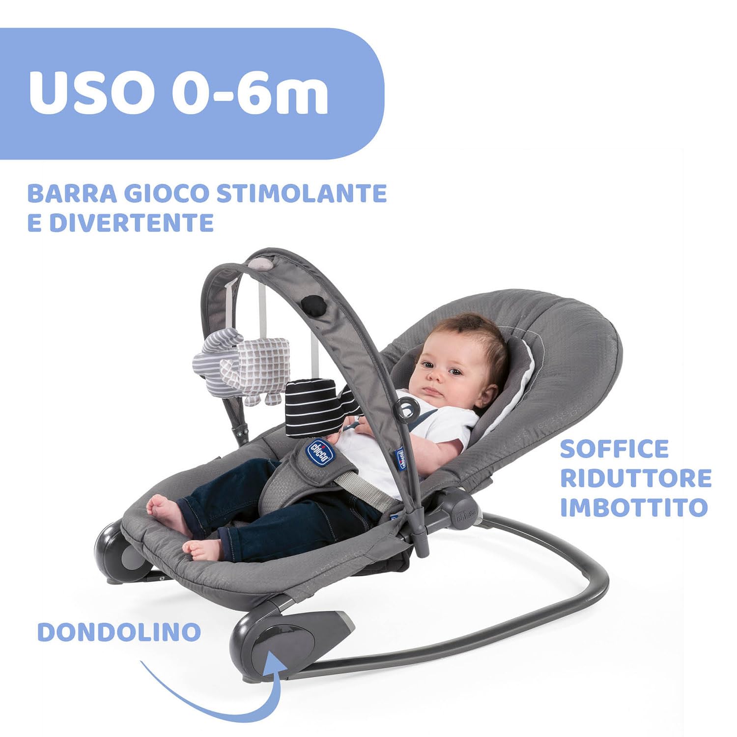 Chicco Hooplà Sdraietta Neonati e Bambini da 0 Mesi a 18 kg, Funzioni Dondolo e Poltroncina, con Barra Gioco, Schienale Regolabile e Cuscino Riduttore, Chiusura Compatta, Grigio scuro