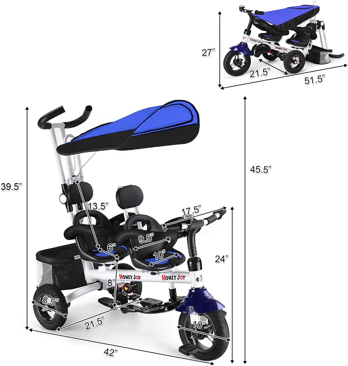 HONEY JOY Kids Tricycle, Twins Baby Trike w/Removable Canopy &Guardrail, Adjustable Parent Push Handle, Double Brake Rear Wheels, Retractable Foot Pedal,Foldable Steer Stroller Bike for Girl Boy(Blue) : Sports & Outdoors