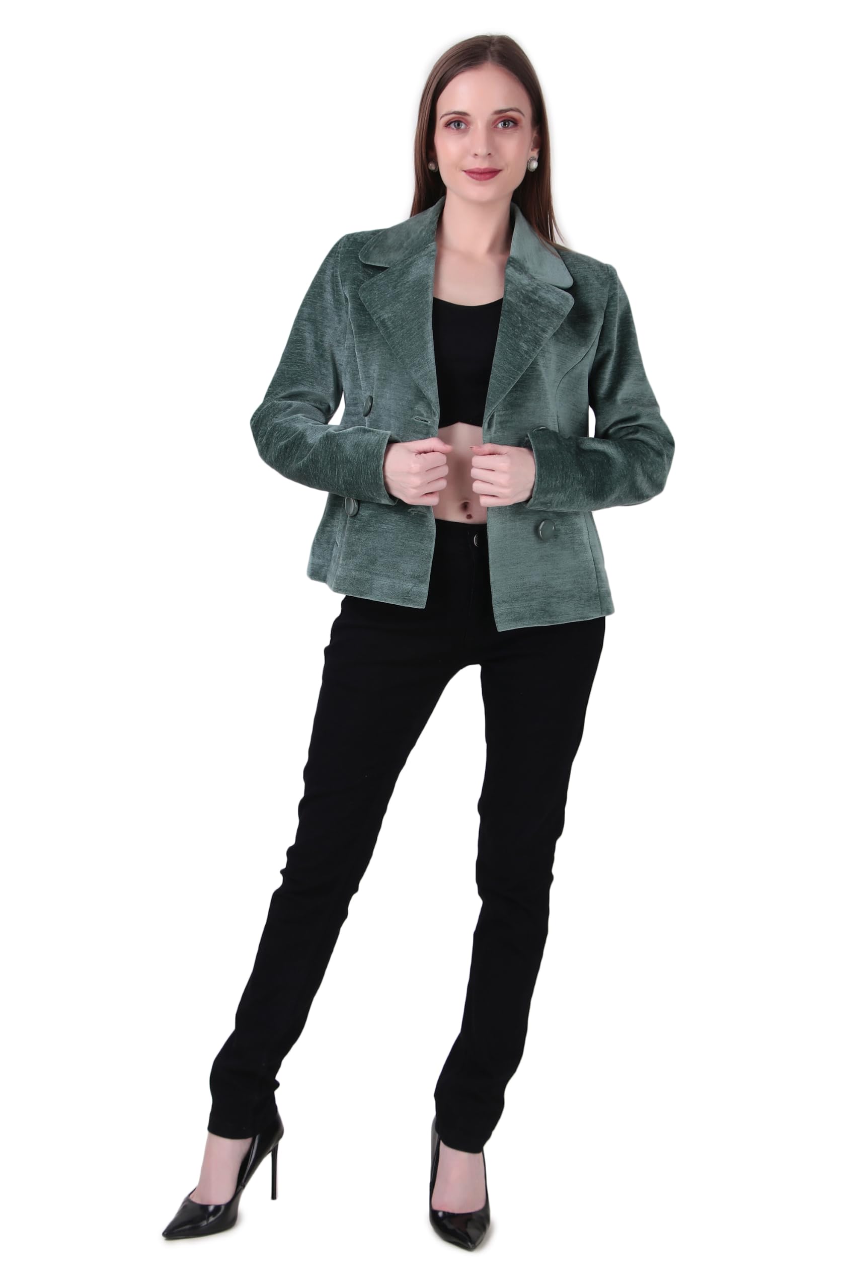Women's Double Breasted Velvet Blazer Jacket, Soft Formal Winter Coat for Women, Neck Full Sleeve Office Wear Jacket, Solid Green Fashion (Pack of 1)-image-18