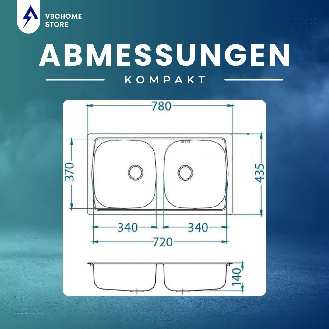 VBChome Edelstahlspüle 78 x 44 cm Satinstruktur Küchenspüle mit Hahnloch Doppelbecken Einbauspüle Spülbecken Camping Ablaufgarnitur fi114