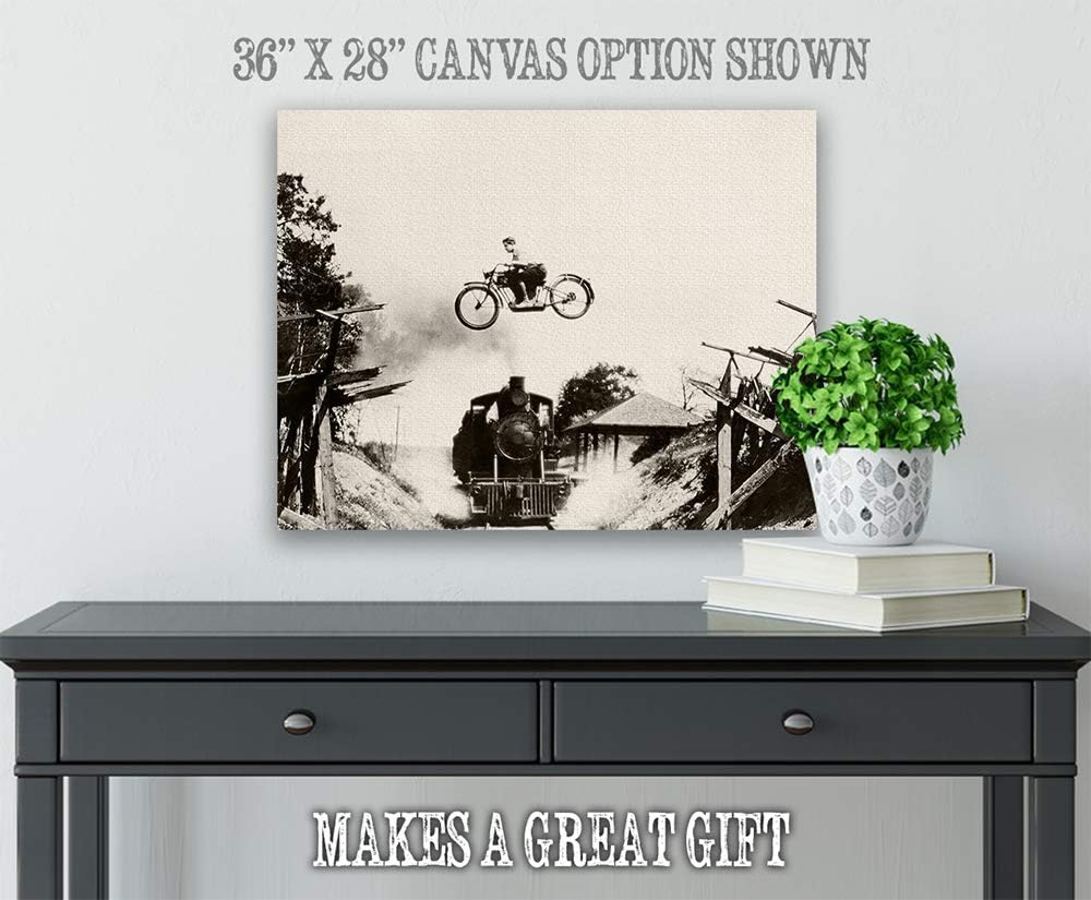 Make Em Laugh Motorcycle Jumping Train - Great Vintage Home Decor for Motorcycle Enthusiasts Under $35 (Canvas, 16"x20")