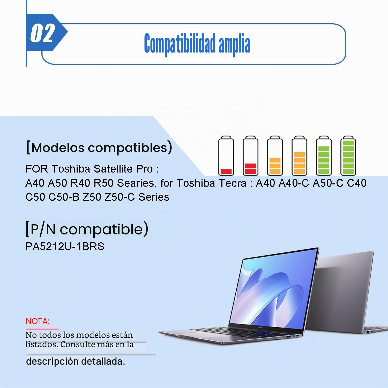 Batería para portátil Toshiba Satellite Pro A30-C A30-D A40-C A40-D A40-C A50-D A50-D A50-D A50-D A50-E R40-C R50-B R50-C R50-D Tecra A40-C A40-D C40-C C40-D C50-B C50-C C50-D C50-E Z50-C Z50-D Z50-E