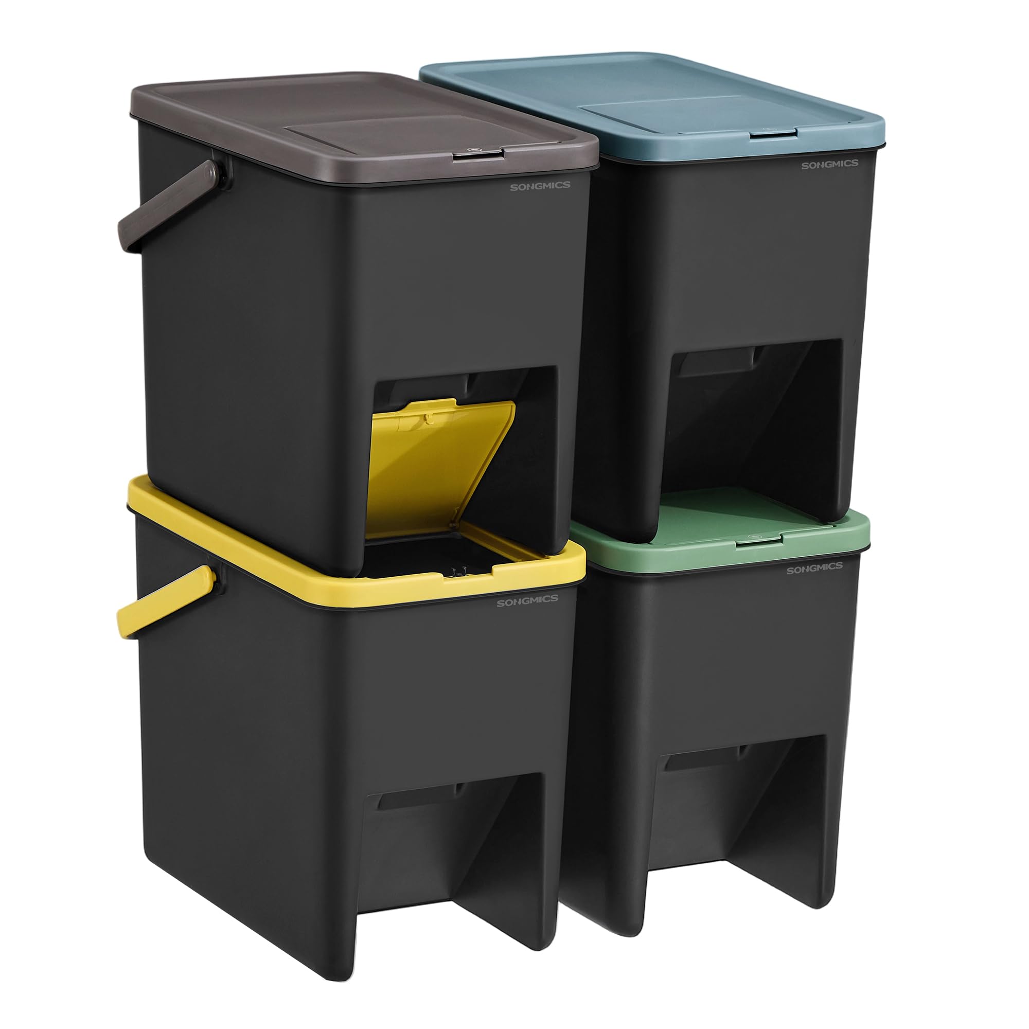 SONGMICS Cubo de Basura, Juego de 4 Cubos Apilables, Papeleras, 20 L Cada, Sistema de Separación Residuos, Tapas Apertura a Presión, Pegatinas, Almacenaje, Amarillo, Azul, Marrón y Verde LTB760BZ01