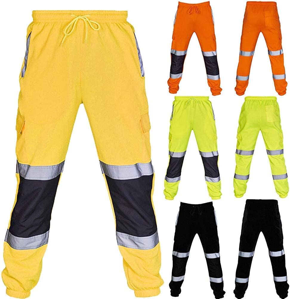 HUAZONG Pantalon de jogging haute visibilité haute visibilité avec bande réfléchissante à rayures bicolores imperméable et épais, jaune, L