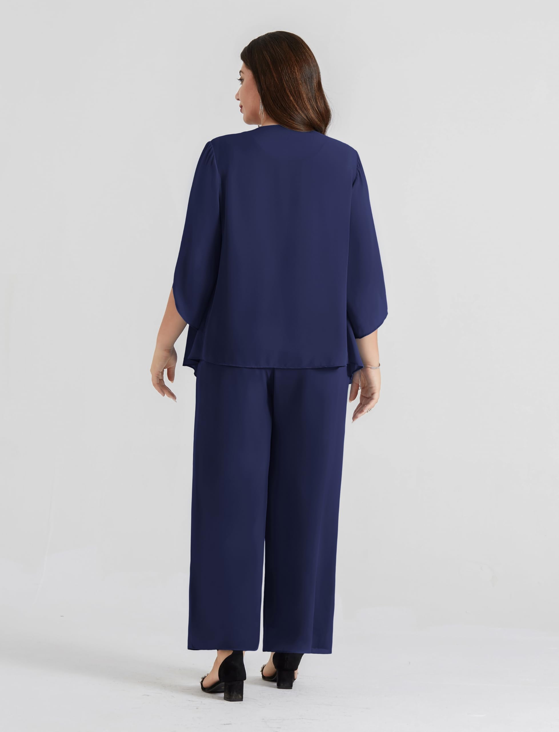 Hanna Nikole Ensemble 3 pièces en mousseline de soie pour femme - Grandes tailles - Pour cocktail, fête, fête - Élégant - Avec t-shirt et taille haute - Pantalon