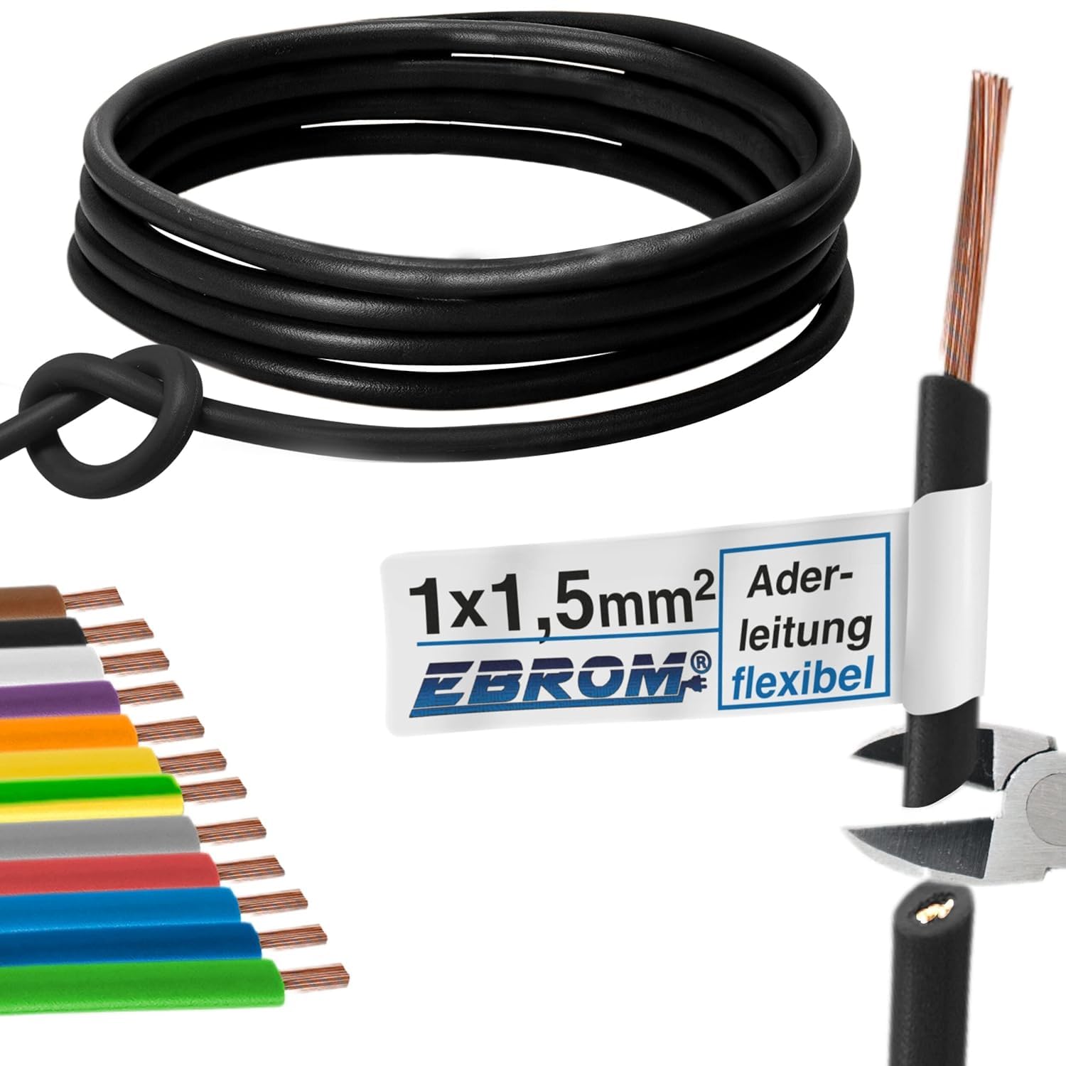 EBROM Aderleitung Einzelader flexibel H07V-K 1,5 mm² - Farbe: SCHWARZ 100 m | 1,5 mm2 -> 100 Meter Ring / Litze, Schaltlitze, Einzelader flex, PVC Leitung, Verdrahtungsleitung, Schaltdraht