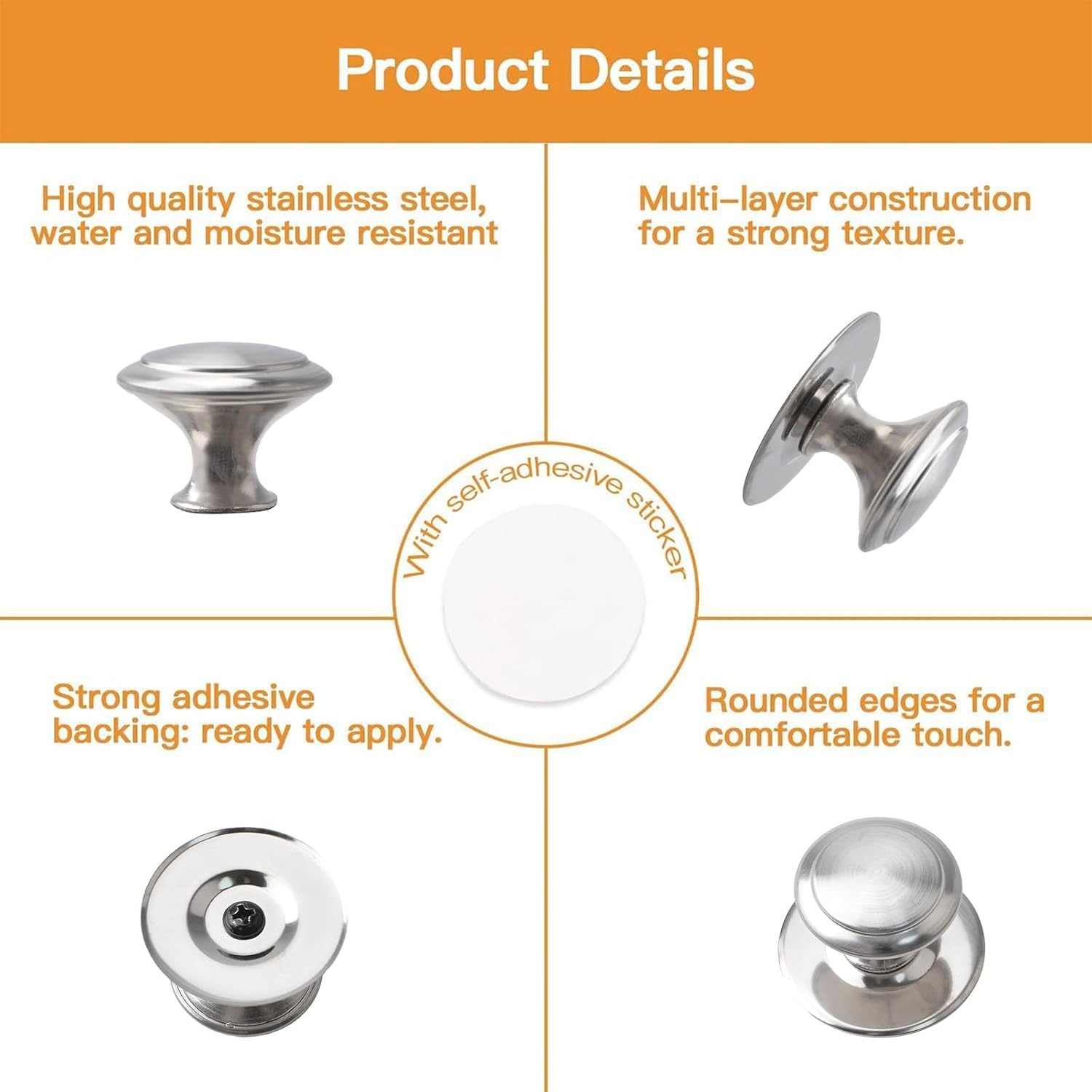 MOROBOR Stainless Steel Drawer Knobs, 32pcs Self-Stick Instant Cabinet Handle Pulls, 1.18Inch Adhesive Sliding Door Stick On Handle with Screws for Glass Cabinet Cupboard Drawer (Brushed Silver)