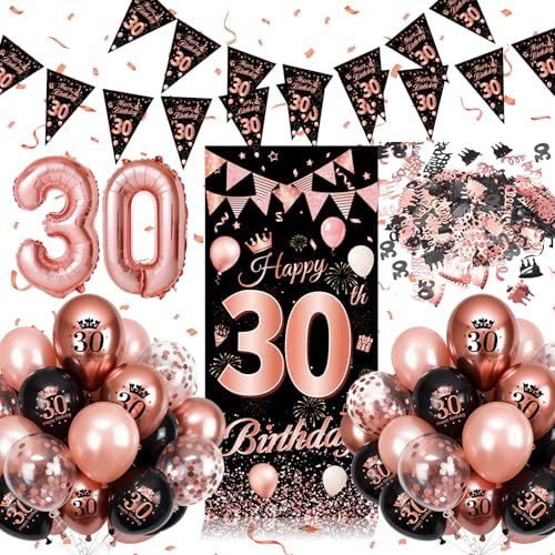 Decoração 30 aniversário para mulher, 30 aniversários, mulher, ouro rosa preta, balão de 30 aniversários, decoração com bandana, folha número 30, confeteti, balões de látex para festa de 30 anos