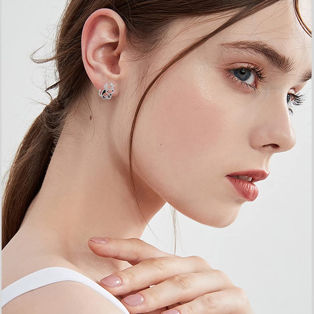 Pendientes de vaca/conejo/tigre, plata de ley 925, gato/mapache, joyas de animales, regalos para el día de la madre para mujer, 0.81 Zoll x 0.76 Zoll, Plata de ley