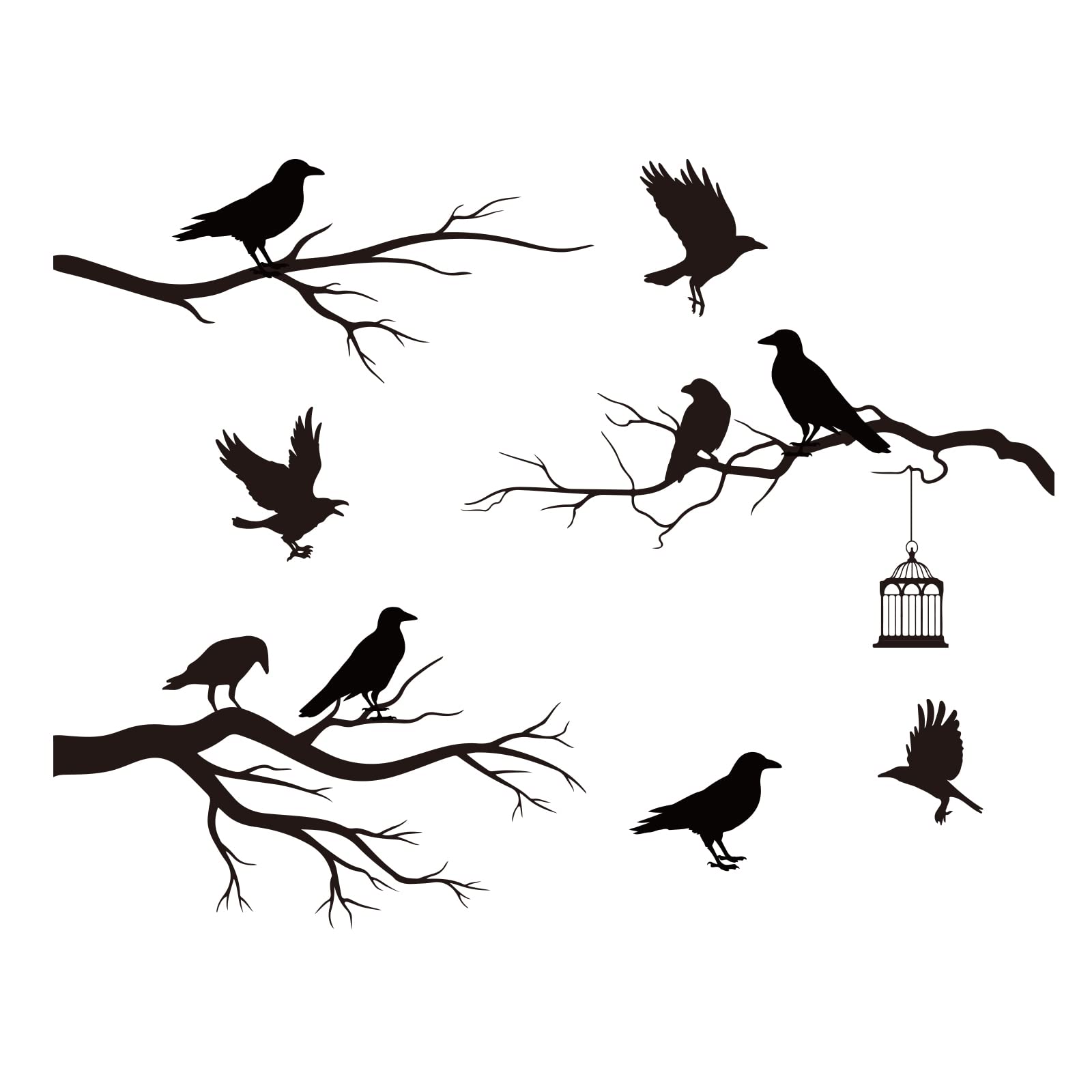 SUPERDANT Adesivo da Parete Albero Corvo Uccello in Piedi Adesivi Muro sulla Cima Dell'Albero Adesivo Murali Decorativo Gabbia per Uccelli per Soggiorno TV Parete Camera dei Bambini