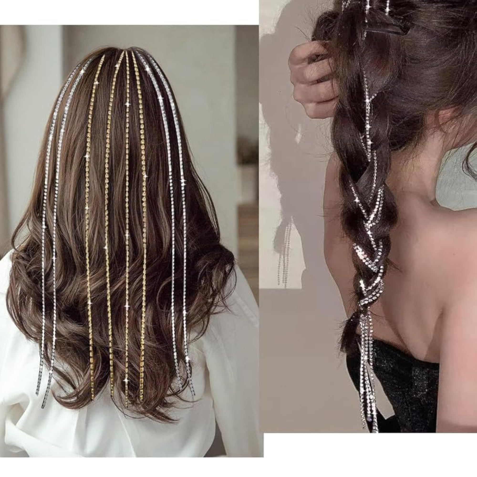 4pc Rhinestone Hair Chain Clips Set for Girls, Silver & Gold