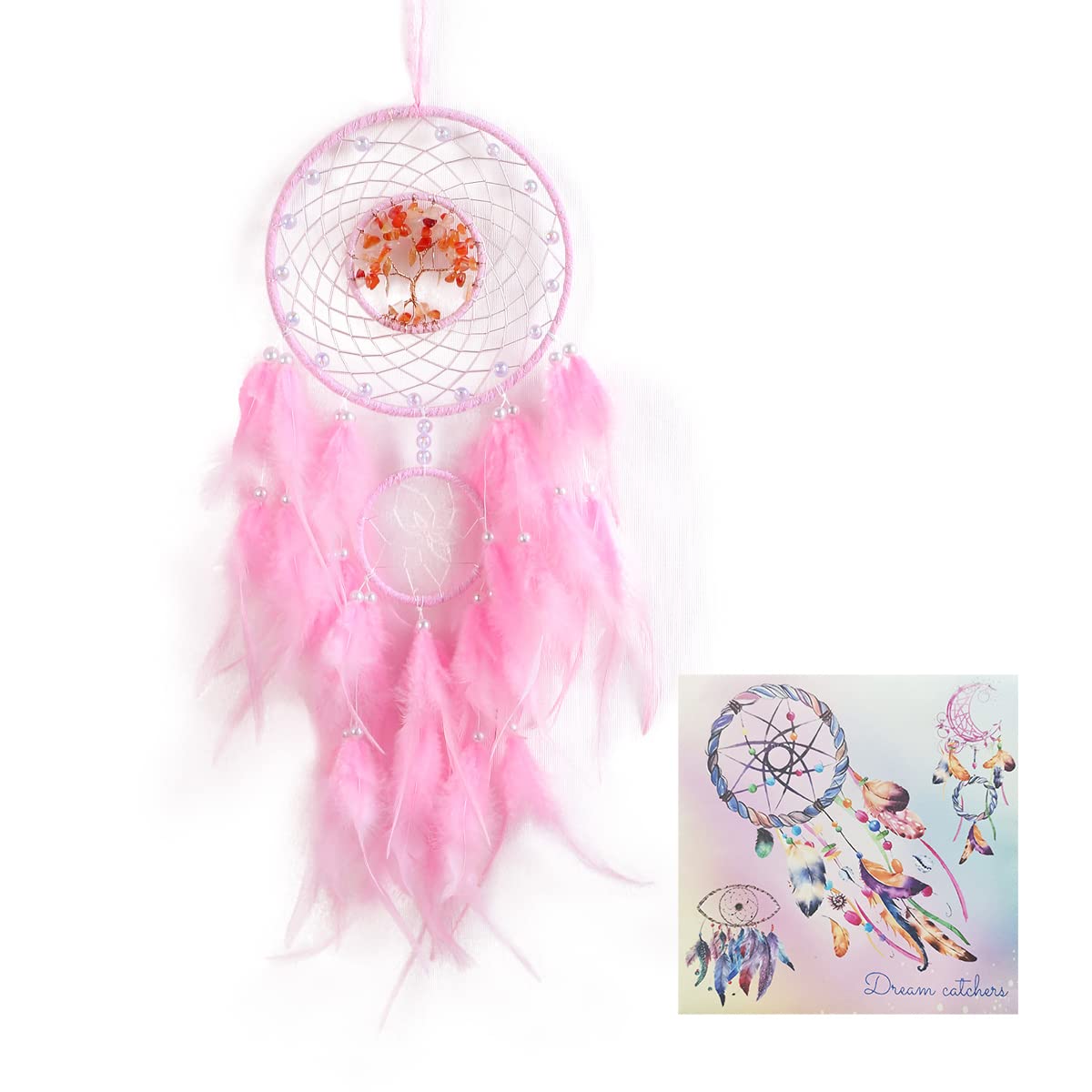 Handmade Dream Catcher With Healing Crystal - Tree Of Life Hanging Ornament For Home, Bedroom, Or As A Gift (Pink) - View #4