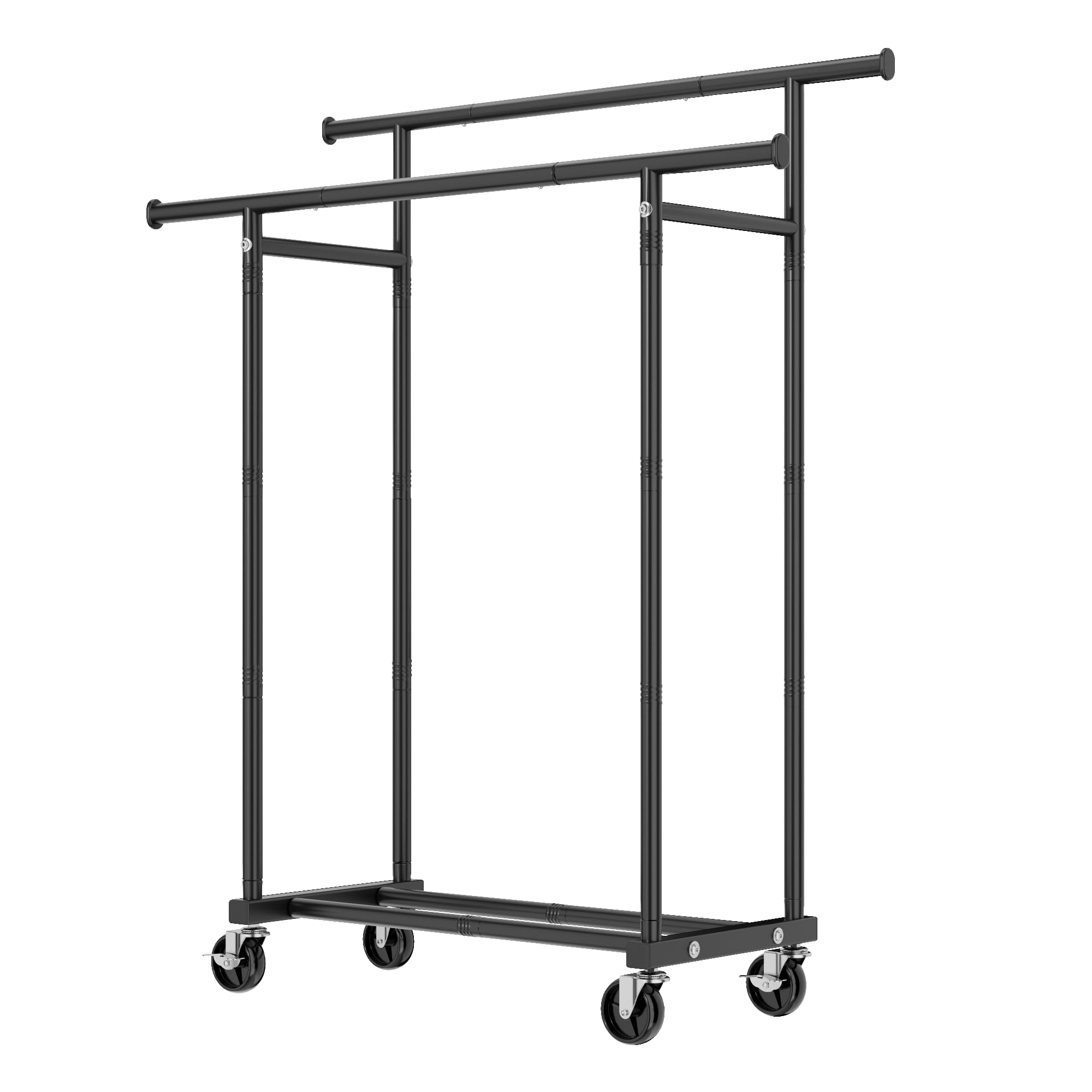 Double Rods Clothes Rack, Rolling Clothing Rack for Hanging Clothes Portable Wardrobe, Metal Garment Rack Sturdy Coat Rack for Bedroom Laundry Living Room, Black1