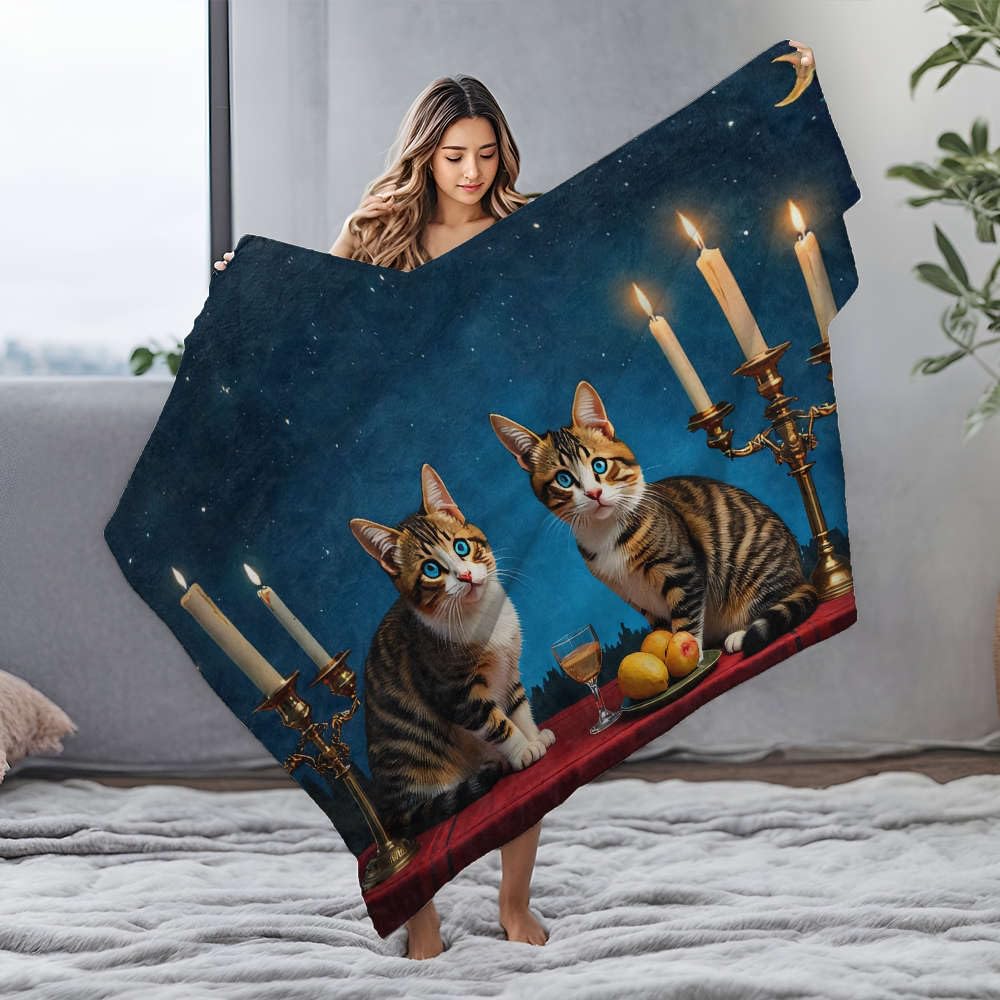 Biały Koc Dwa Koty Siedzące Przy Stole Ze Świecami I Owocami. Koc Flanelowy Popielniczka Narzuta Na Łóżko (150x200cm)