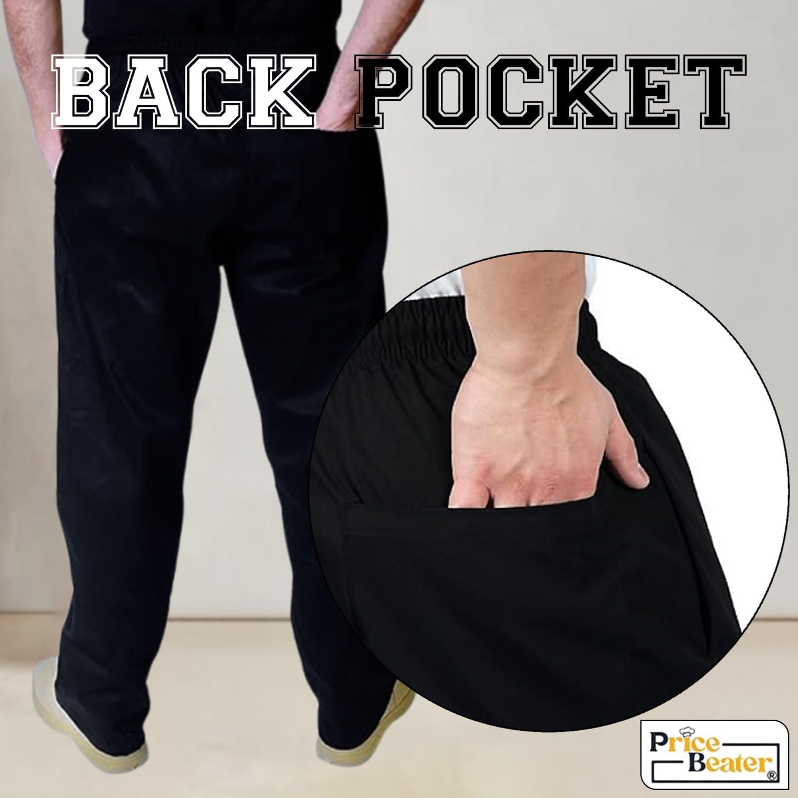 PRICE BEATER Pantalon de chef professionnel pour uniforme de cuisine unisexe adulte en polycoton classique, taille élastique, idéal pour un usage quotidien