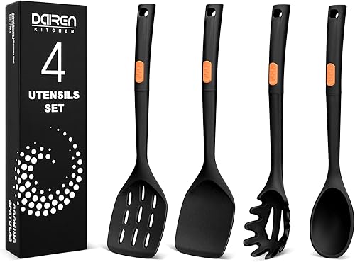 Espátulas de cocina de silicona y cucharas de espagueti, paquete de 4 utensilios de cocina de silicona resistentes al calor, cucharas grandes