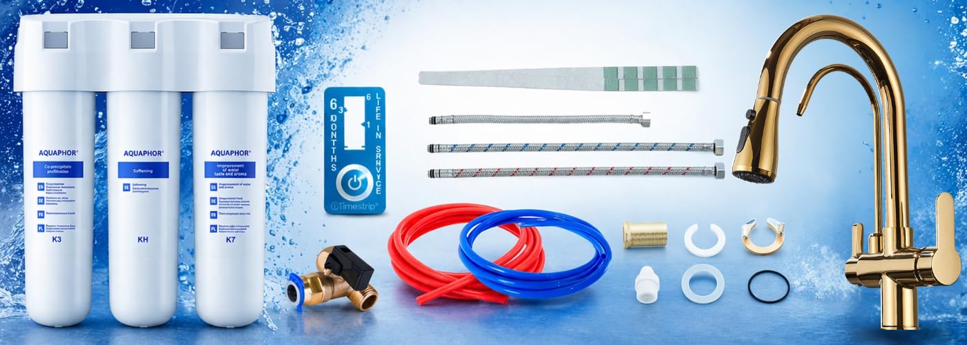 Armatura kuchenna Nordic z systemem filtra wody Aquaphor Crystal H, 3-drożna armatura z wyciąganą słuchawką, oddzielna wylewka do filtrowanej wody, obracana o 360°, 2 l/min (złota)