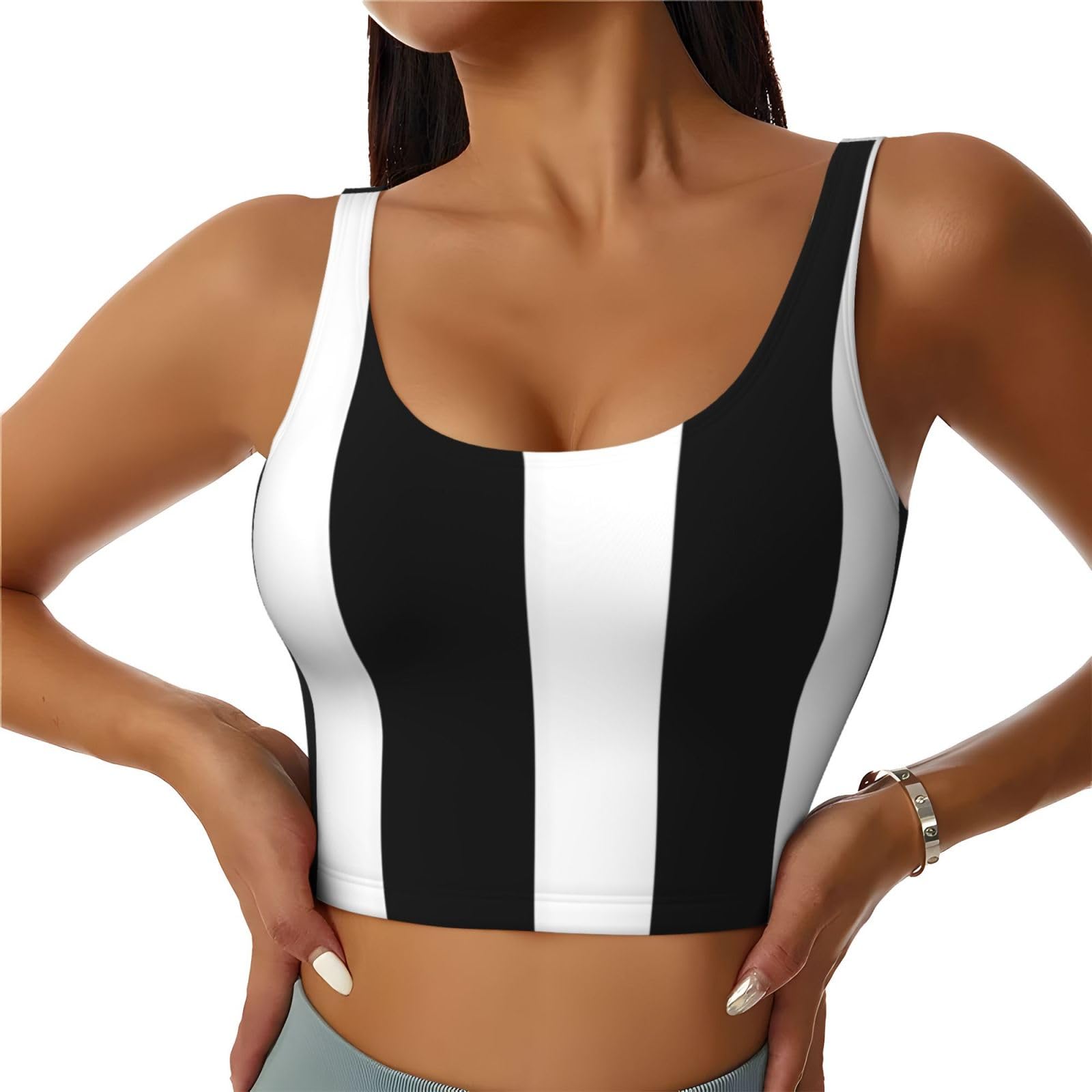 YYHWHJDE Women's Sports Bra Elastic Sports Vest Yoga Tank Top Tops Shirts Quick Dry Fabric stripes black white Printing, Black, XXL