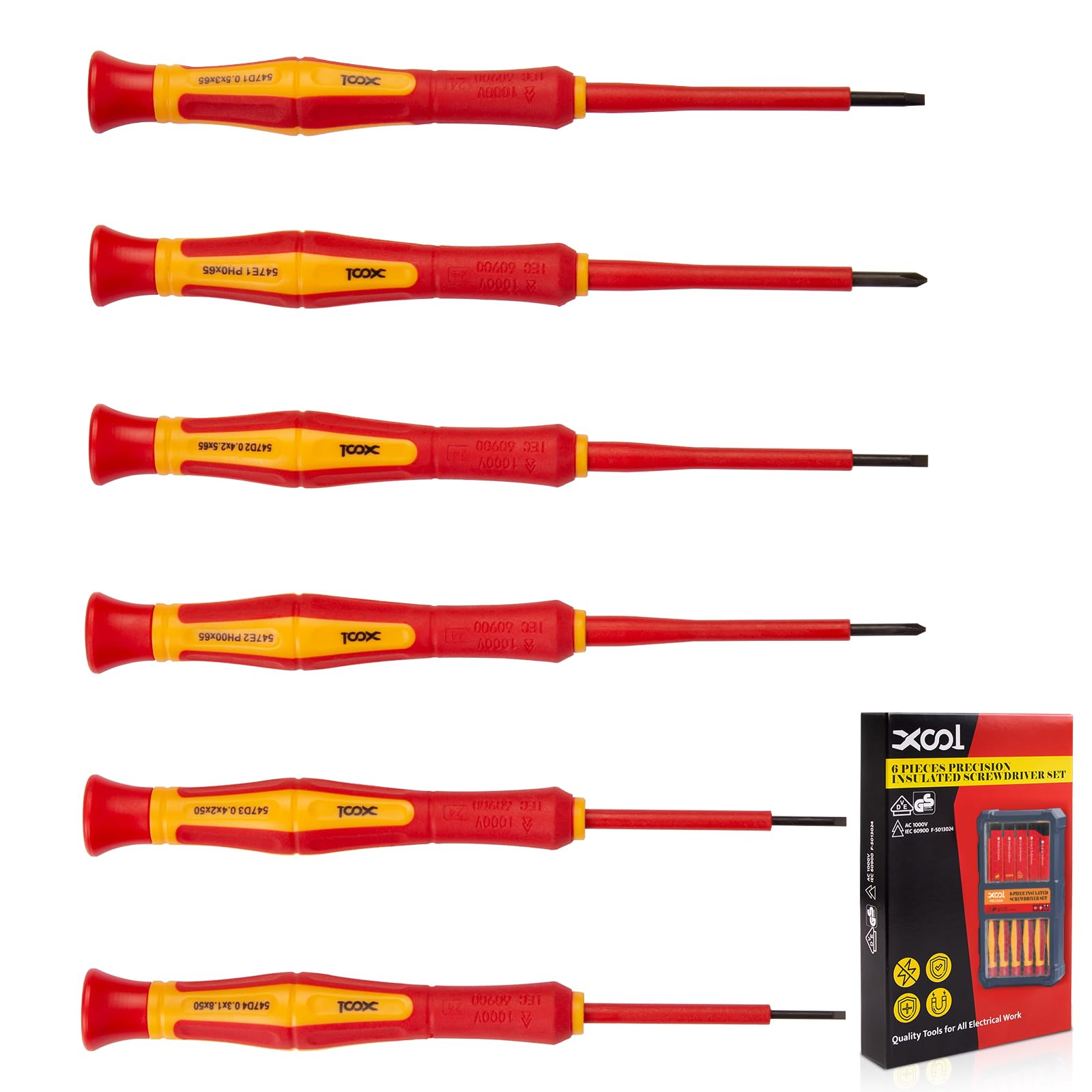 XOOL 6PCS 1000V Insulated Precision Electrician Screwdrivers Set, Slotted and Phillips Magnetic Tip, Chrome Vanadium Steel, VDE & GS Certified for