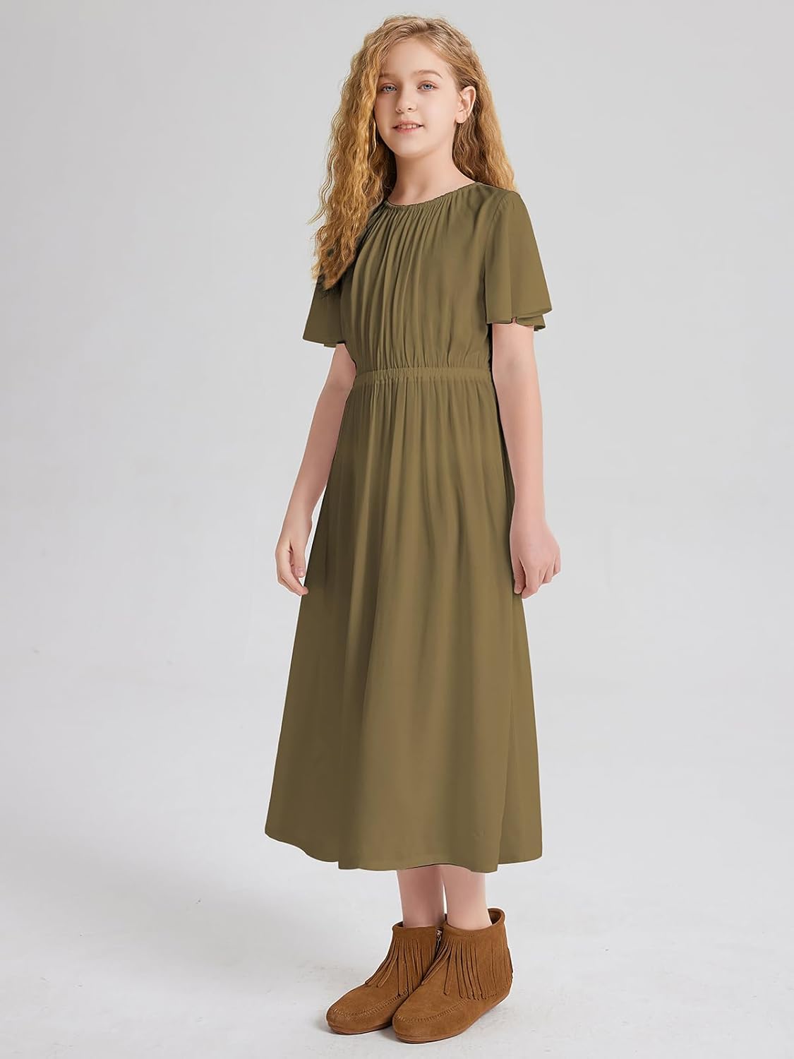 LaBeca Girls Casual Butterfly Sleeve Elastic Crew Neck Floral Printed Solid Color High Waist Midi Belted Dress with Pocket - Image 4