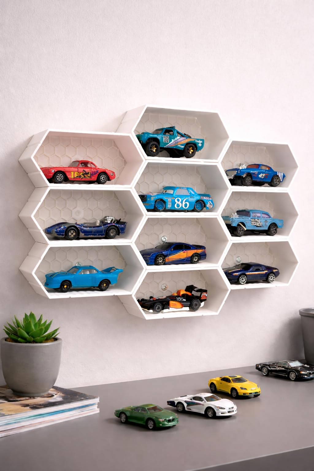 Modular 1:64 Scale Die cast Cars Display | White | Premium Tabletop/Wall Display | Mini Car Showcase for Collectors | Compatible with HOT Wheels, Matchbox, Mini GT (Without Toys) (Pack of 10)