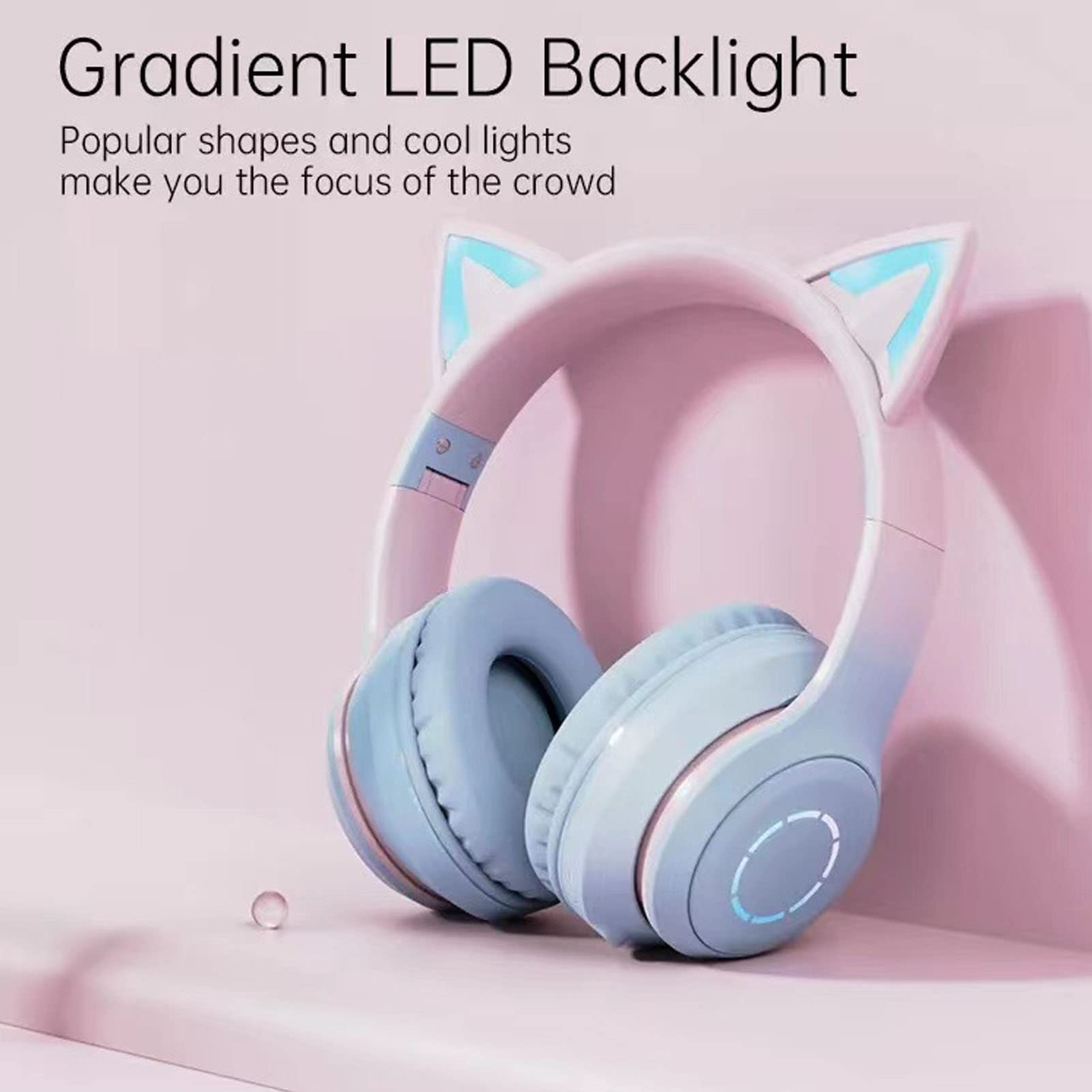 Auriculares Plegables Inalámbricos con Orejas de Gato Bluetooth para Juegos con Luz LED (Azul)