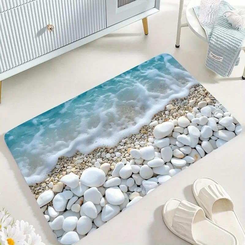 Roslen Bathroom Door Mats Non Slip Waterproof Floral, Rubber Water Absorbent Bathroom Door Mat, 3D Anti Skid Bath Mat for Door Entrance, 3D Beach Stone Printed Washable Floor Mat for Home & Office-picture-34
