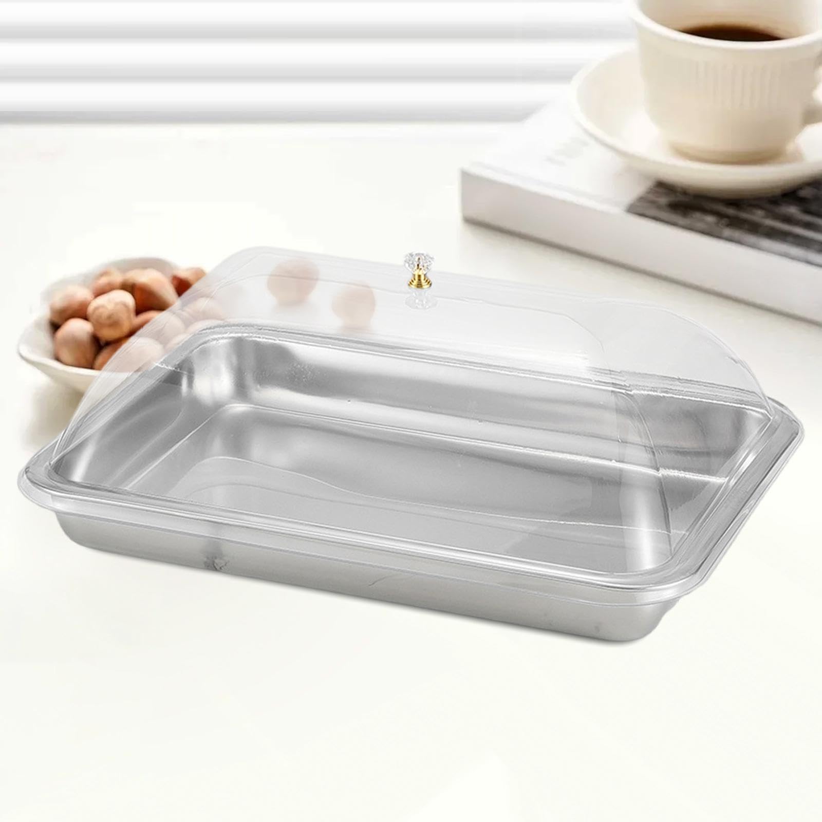 Baoblaze Vassoio da portata in acciaio inossidabile con coperchio a cupola, vassoio da portata rettangolare antipolvere per alimenti, per sala da pranzo, 40x30x5 Cm