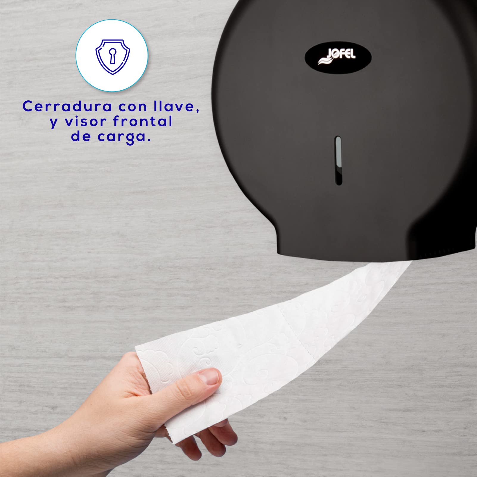 Jofel - Portarrollos de Papel Higiénico Industrial Mediano, Dispensador de Papel en Rollos 300m, 220mm Diámetro, Mandril 45mm, Ideal Baños Públicos, ABS , AE57600-MT Negro Mate