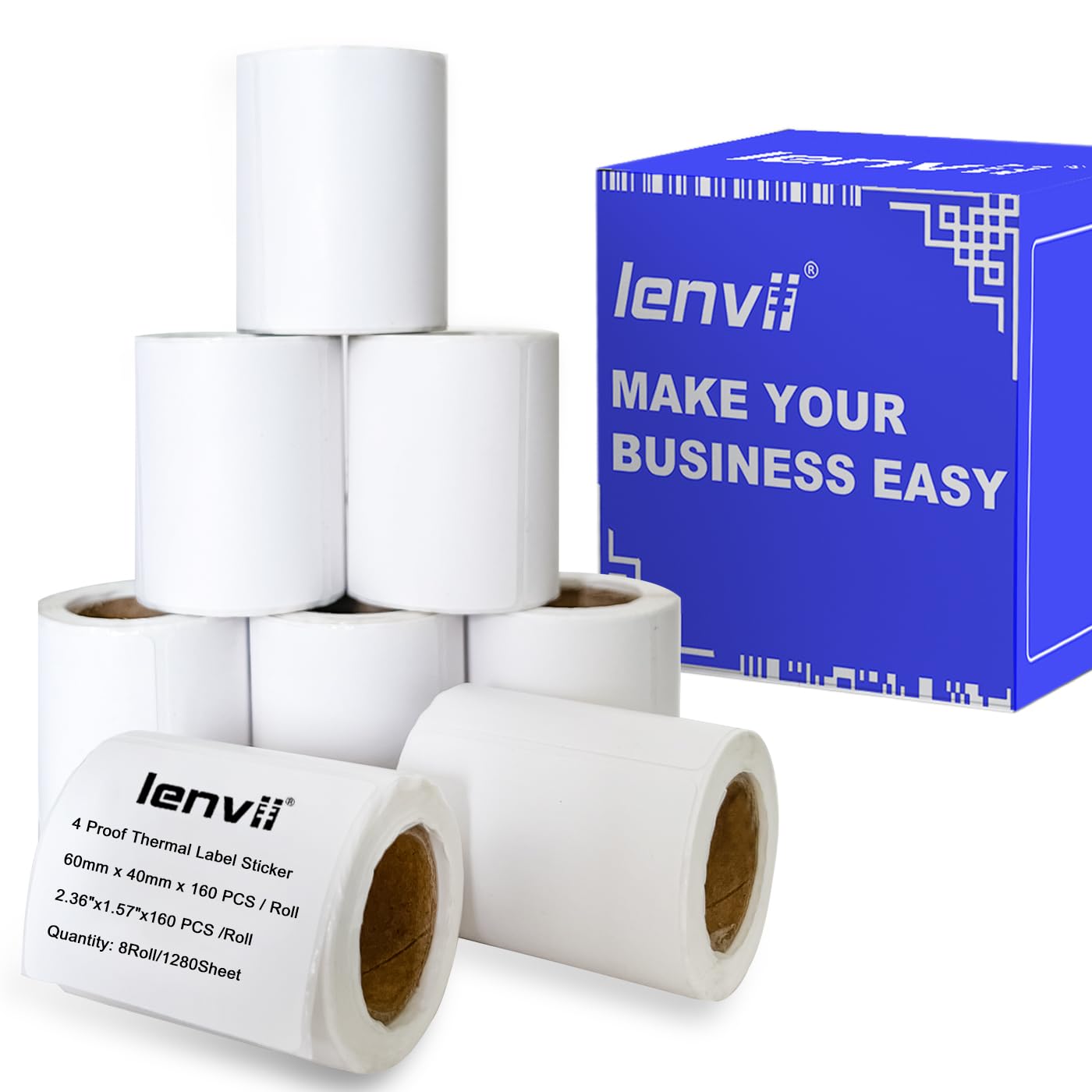 LENVII 2.36" x 1.57"(60mm x 40mm)Thermal Labels Sticker 1280 Sheets-8 Rolls × 160 Labels,Tear/Water/Oil/Scratch Resistant Multi-Purpose Adhesive Stickers for Barcode/FNSKU,Home,Office,Product Gift Tag