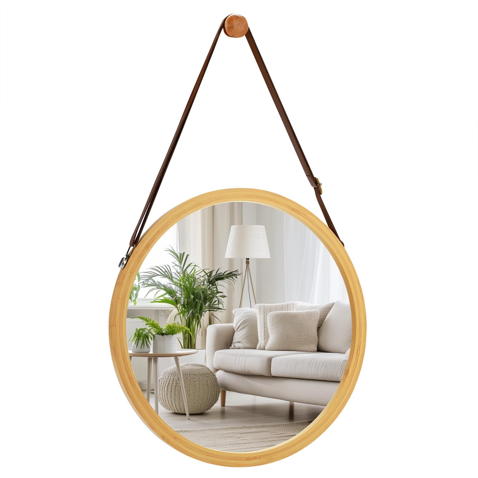 XUDREZ 45cm Round Wooden Wall Mirror Large Decorative Wood Frame Mirror for Bathroom Living Room Hallway Modern Home Decor