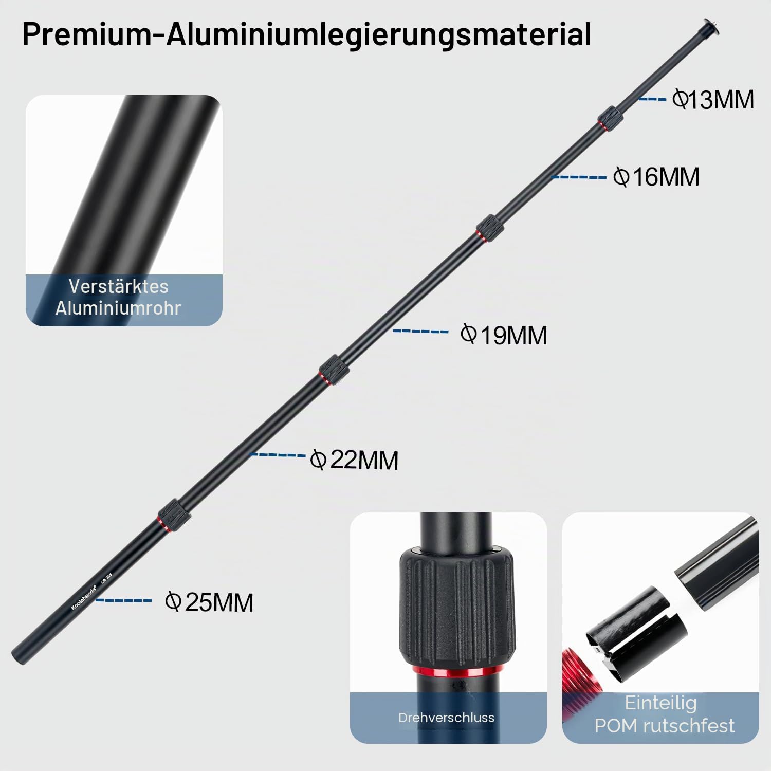 Koolehaoda Stativverlängerung, 145 cm Aluminium-Stativ, Mittelsäule, Verlängerung, Rohr, 5 Abschnitte, Einbeinstativ, Teleskopstange mit 6,3 mm - 3/8 Zoll Schraube, kompatibel mit Stativen/Gimbal