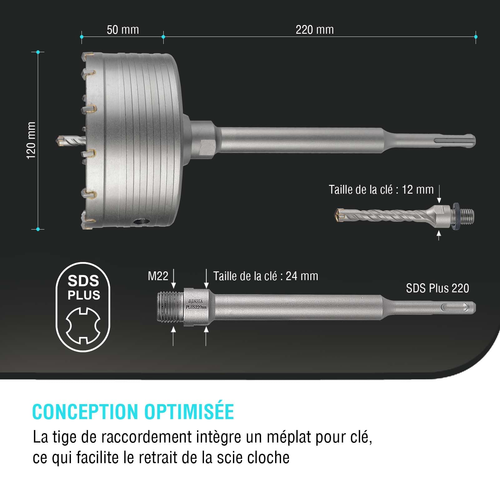 BINOTA 120 mm Scie Cloche à Béton Professionnelle – Trépan en Carbure de Tungstène, Queue SDS-Plus (220 mm) et Foret de Centrage Cruciforme pour Béton, Brique, Pierre, Maçonnerie