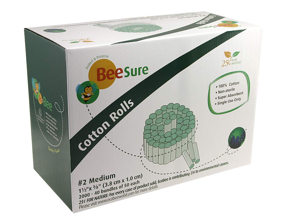 BeeSure BE1820 Cotton Rolls #2 Medium, 1-1/2 inch by 3/8 inch, Non-Sterile, Cotton (Pack of 2000)